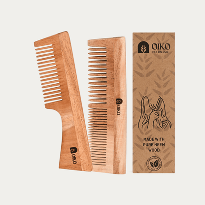 Neem Wood Hair Comb Combo Pack – Handle & Dual - Sided – Hair Comb by OIKO available on Brown Living™. . SKU: NE/HA/P2. Img 2.