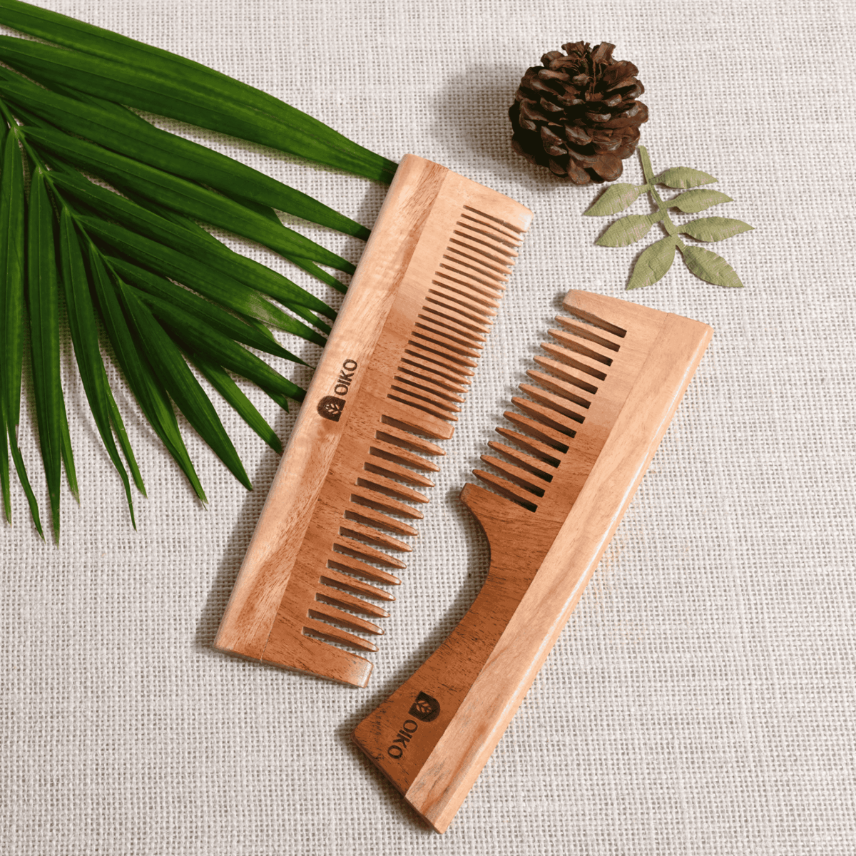 Neem Wood Hair Comb Combo Pack – Handle & Dual - Sided – Hair Comb by OIKO available on Brown Living™. . SKU: NE/HA/P2. Img 1.