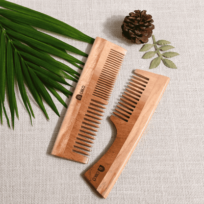 Neem Wood Hair Comb Combo Pack – Handle & Dual - Sided – Hair Comb by OIKO available on Brown Living™. . SKU: NE/HA/P2. Img 1.