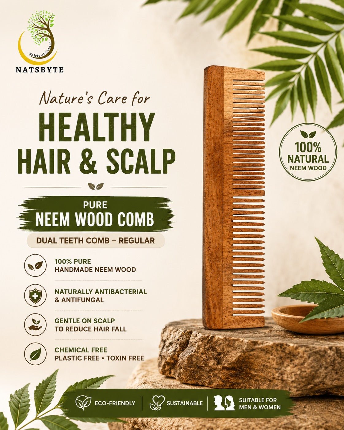 Neem Wooden Comb Regular Dual Teeth | The Earth Eco Naturals – Hair Comb on Brown Living™. SKU: Regular01. Img 1.