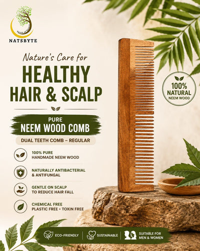 Neem Wooden Comb Regular Dual Teeth | The Earth Eco Naturals – Hair Comb on Brown Living™. SKU: Regular01. Img 1.