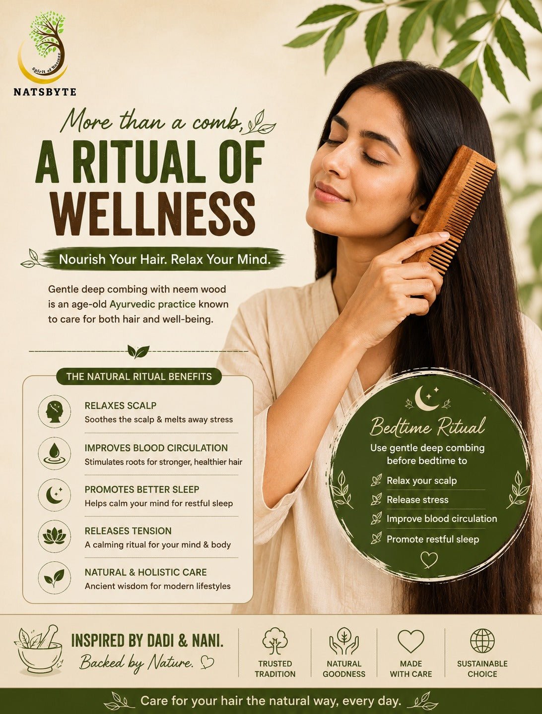 Neem Wooden Comb Regular Dual Teeth | The Earth Eco Naturals – Hair Comb on Brown Living™. SKU: Regular04. Img 4.