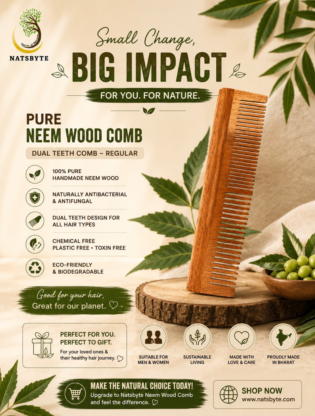 Neem Wooden Comb Regular Dual Teeth | The Earth Eco Naturals – Hair Comb on Brown Living™. SKU: Regular04. Img 5.