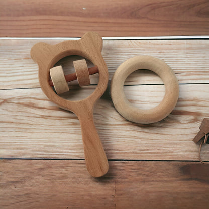 Neem Wooden Combo Of Rattle & Teether – Mickey Head & Ring Shapes – Wooden Toys on Brown Living™. SKU: RT_MKHD-RNG. Img 1.
