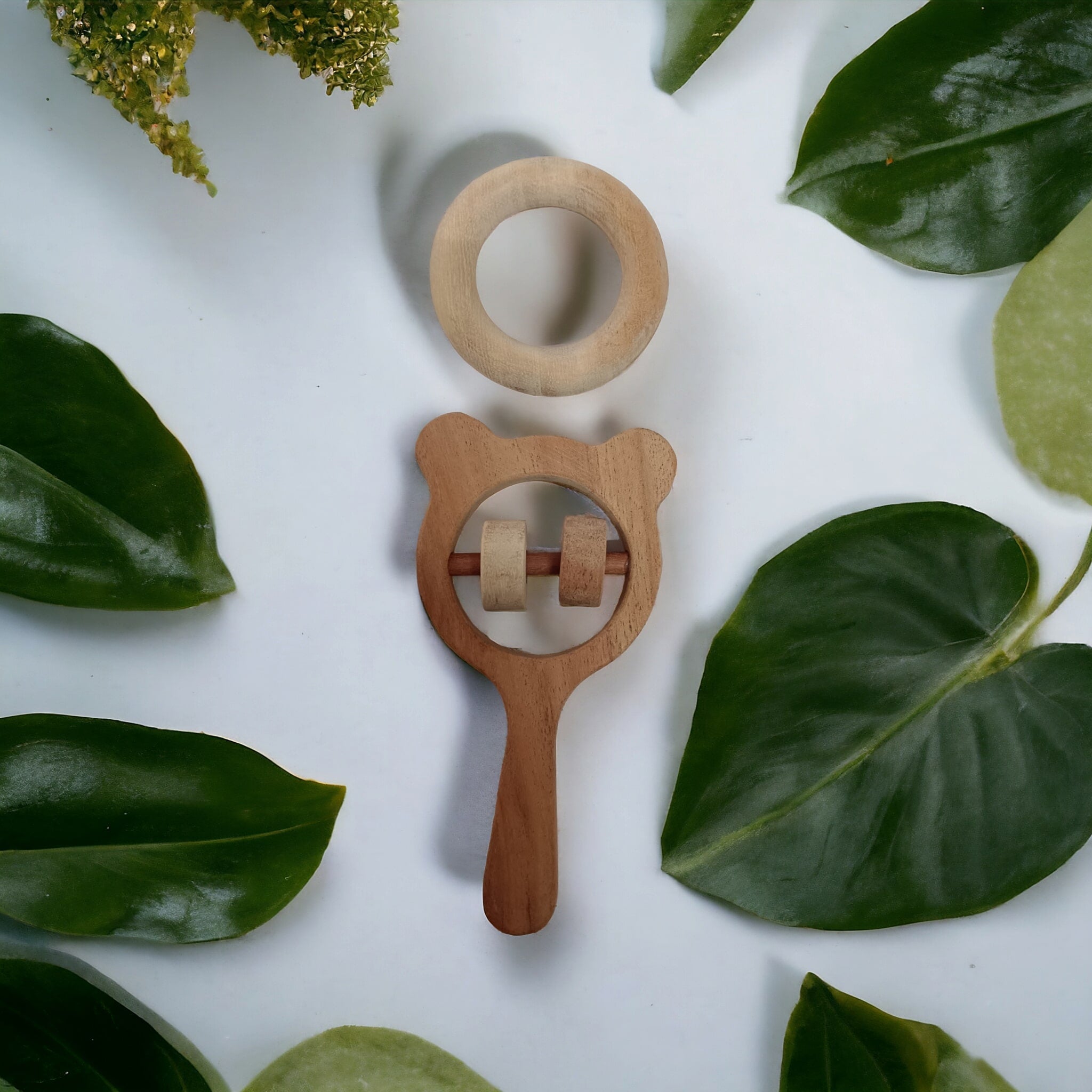 Neem Wooden Combo Of Rattle & Teether – Mickey Head & Ring Shapes – Wooden Toys on Brown Living™. SKU: RT_MKHD-RNG. Img 3.