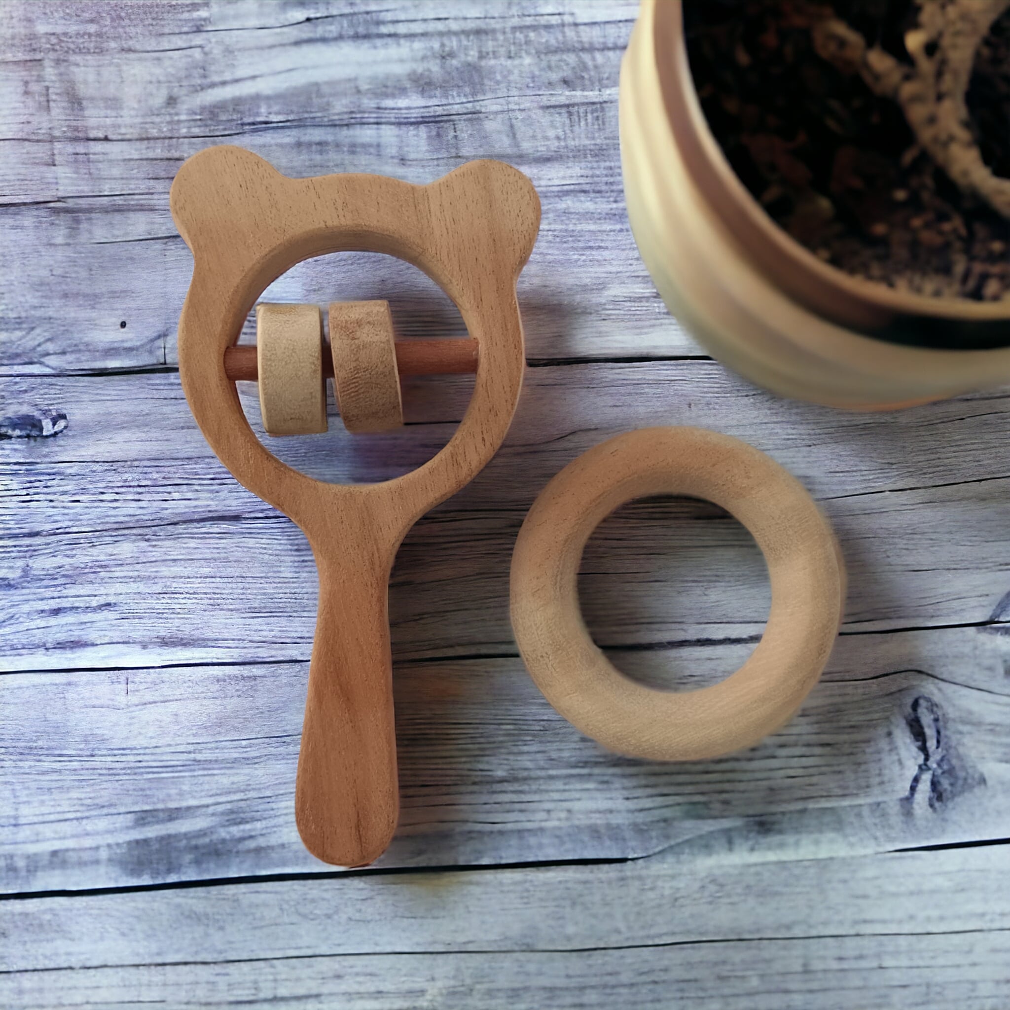 Neem Wooden Combo Of Rattle & Teether – Mickey Head & Ring Shapes – Wooden Toys on Brown Living™. SKU: RT_MKHD-RNG. Img 2.