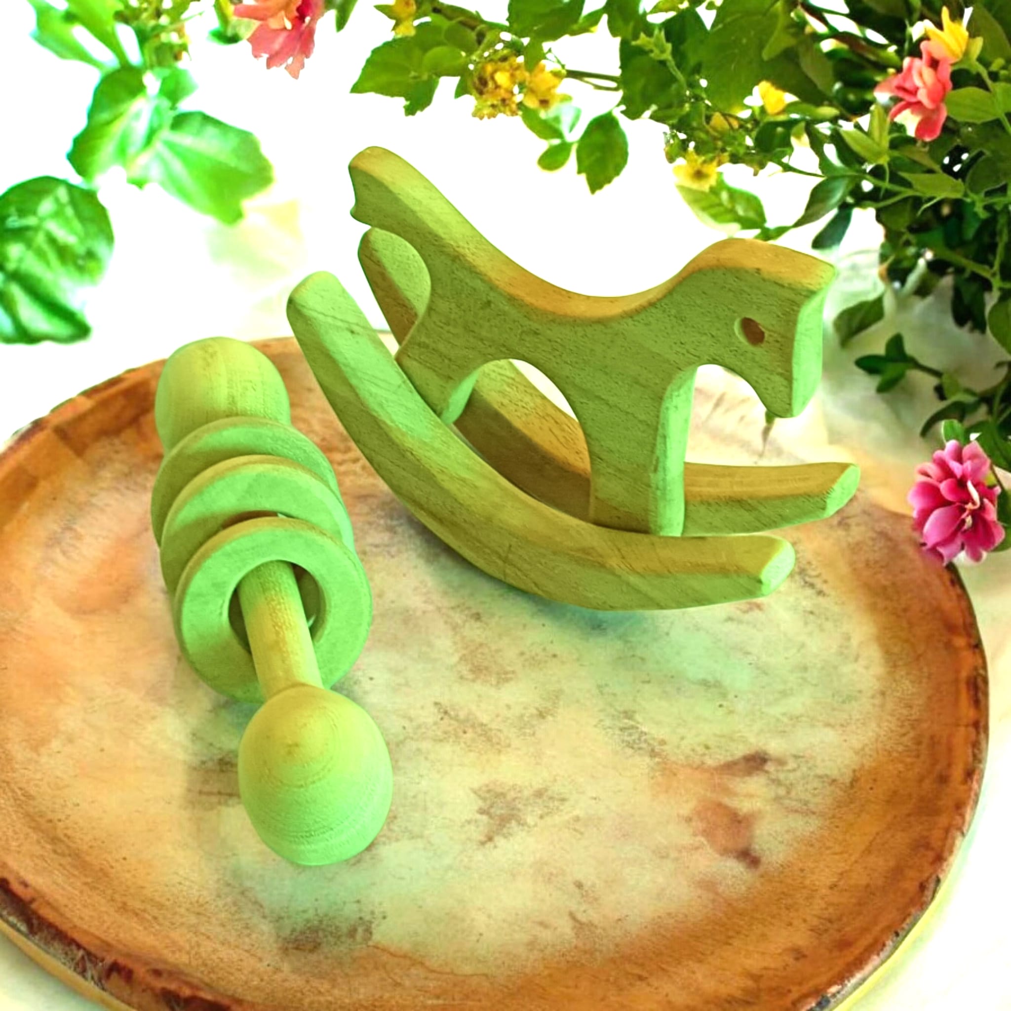 Neem Wooden Pocket Size Swing Horse & Rattle | Baby Toy Combo – Wooden Toys on Brown Living™. SKU: SR_SHRS-DBLRNGS. Img 1.