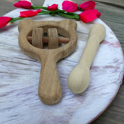 Neem Wooden Rattle & Teether Of Shapes – Mickey Head & Dumb Bell – Wooden Toys on Brown Living™. SKU: RT_MKHD-DBL. Img 1.