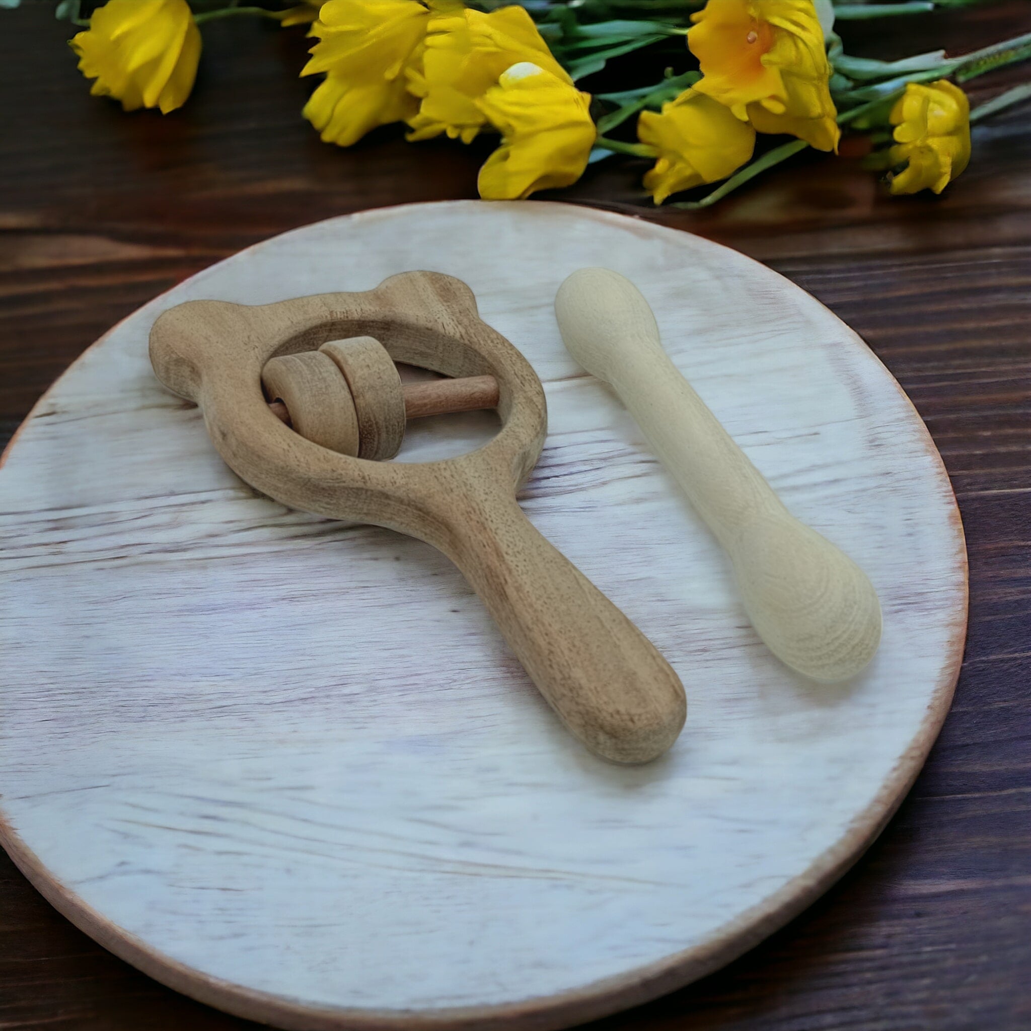 Neem Wooden Rattle & Teether Of Shapes – Mickey Head & Dumb Bell – Wooden Toys on Brown Living™. SKU: RT_MKHD-DBL. Img 4.