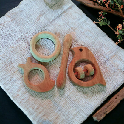 Neem Wooden Rattle & Teethers – Sparrow, Mango, Dumbbell & Ring – Wooden Toys on Brown Living™. SKU: RT_SPR-MNG-DBL-RNG. Img 5.