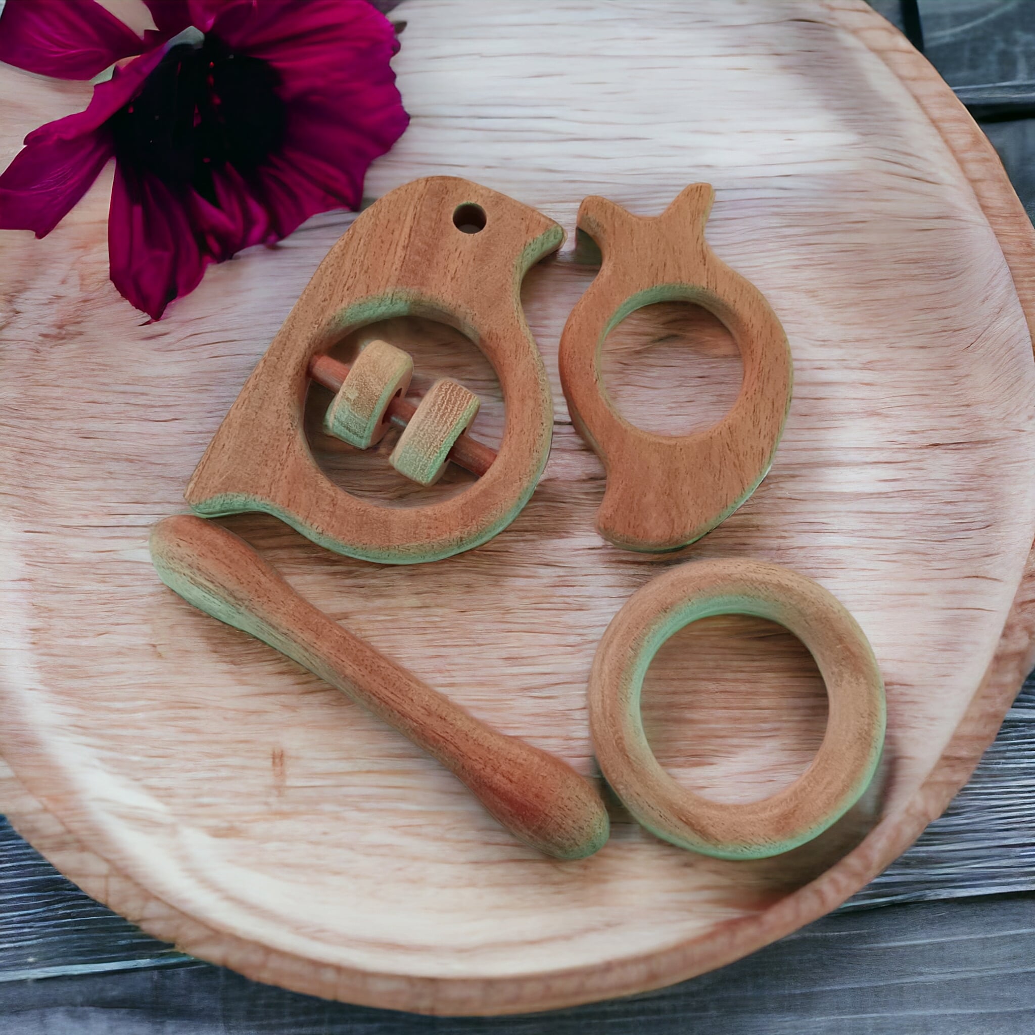 Neem Wooden Rattle & Teethers – Sparrow, Mango, Dumbbell & Ring – Wooden Toys on Brown Living™. SKU: RT_SPR-MNG-DBL-RNG. Img 1.