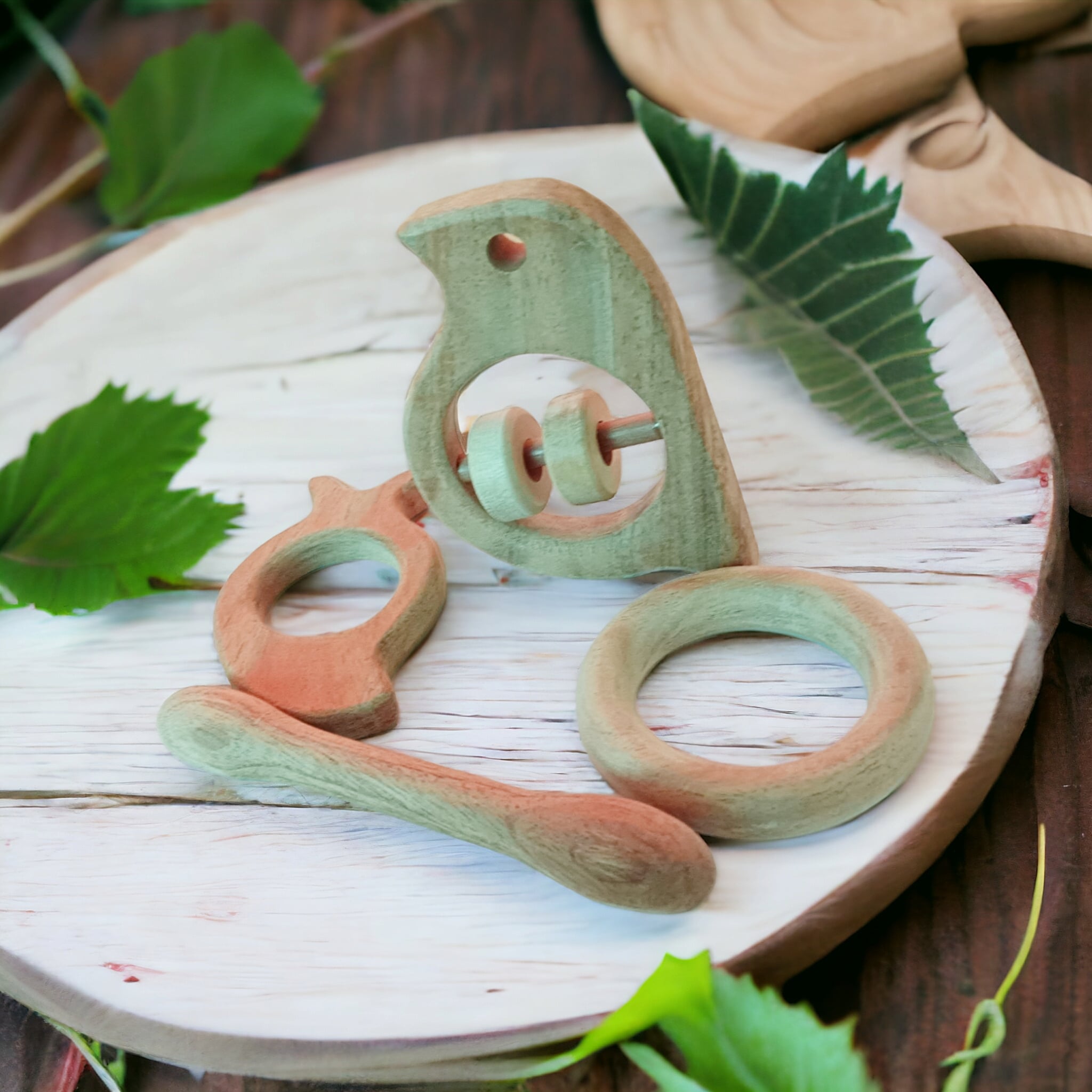 Neem Wooden Rattle & Teethers – Sparrow, Mango, Dumbbell & Ring – Wooden Toys on Brown Living™. SKU: RT_SPR-MNG-DBL-RNG. Img 3.