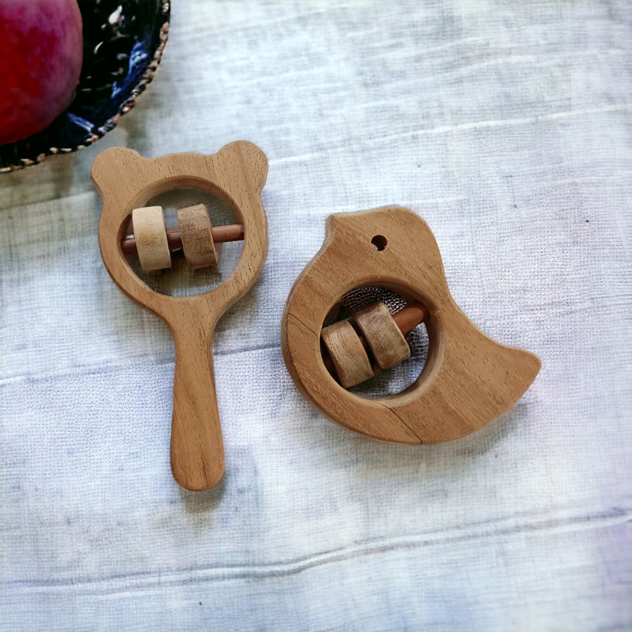 Neem Wooden Sound Making Rattles – Dove & Mickey Head Shapes – Baby Rattles on Brown Living™. SKU: R_DV-MKHD. Img 2.