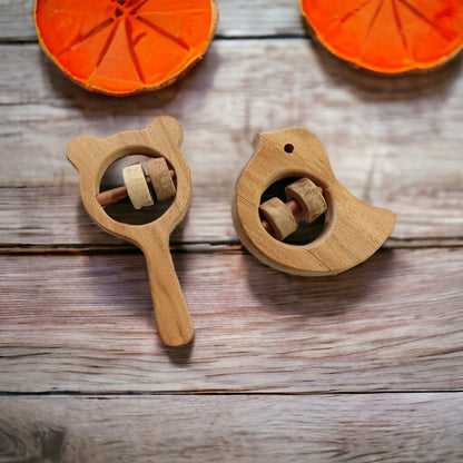 Neem Wooden Sound Making Rattles – Dove & Mickey Head Shapes – Baby Rattles on Brown Living™. SKU: R_DV-MKHD. Img 1.