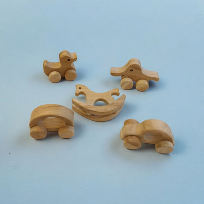 Neem Wooden Swing Horse & Wheel Toys Set of 5 | Baby Play Combo – Wooden Toys on Brown Living™. SKU: SW_SHRS-ELP-HCR-DK-CR. Img 1.