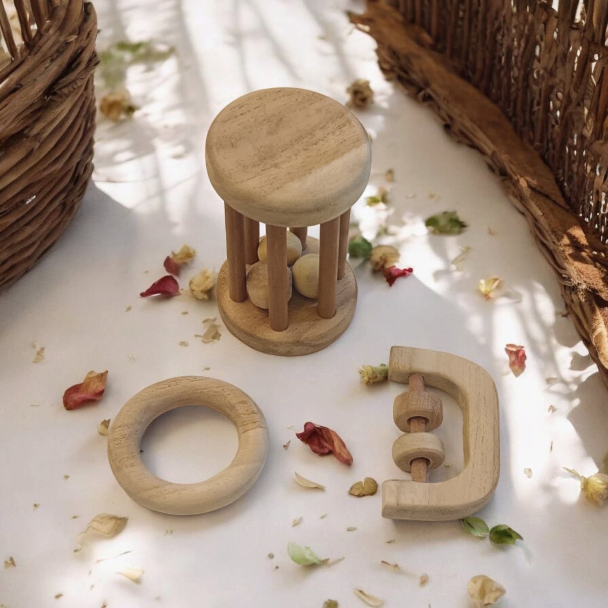 Neem Wooden Tumbler, C - Shaped Rattle & Ring Teether For Babies – Wooden Toys on Brown Living™. SKU: RT_TMBLR-C-RNG. Img 2.