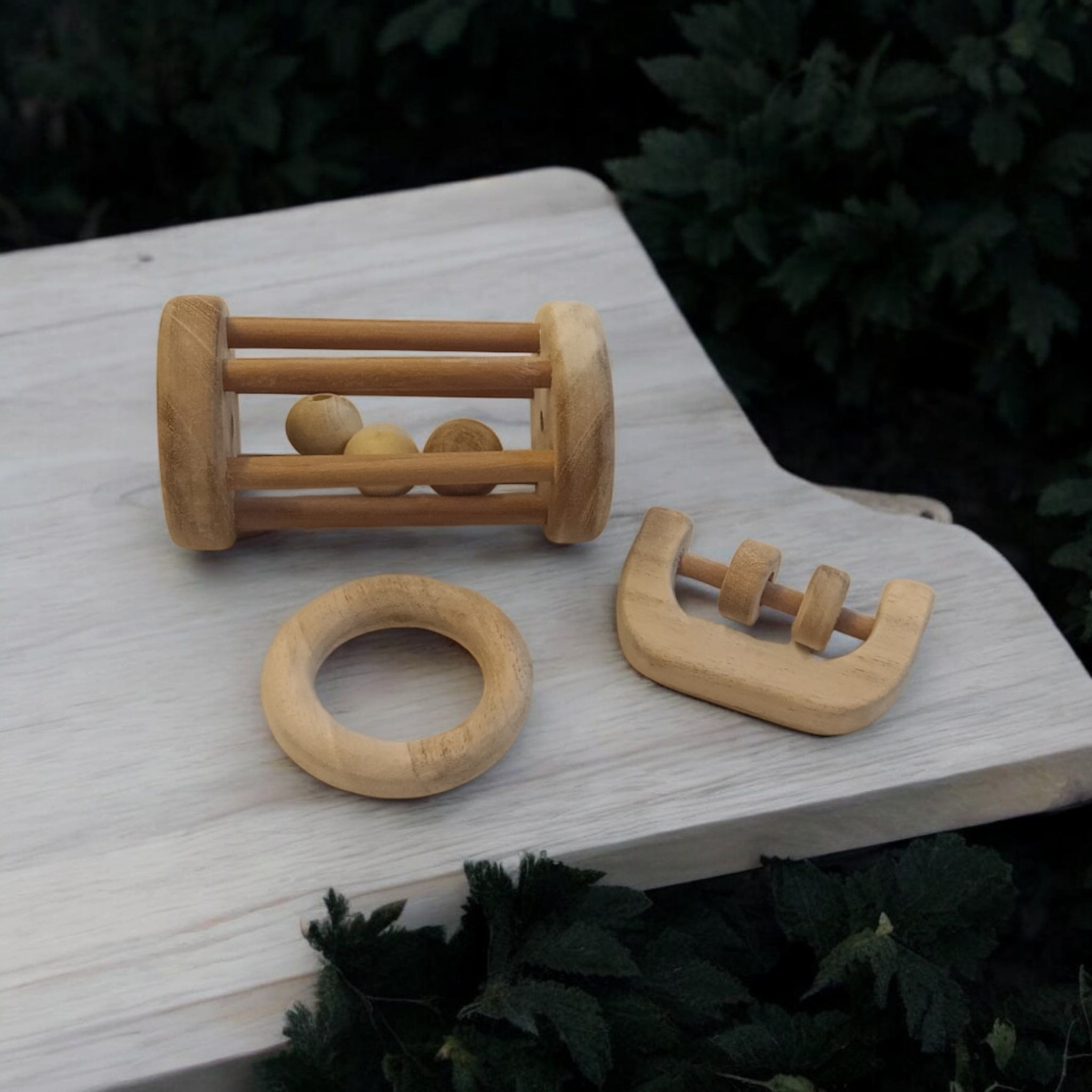 Neem Wooden Tumbler, C - Shaped Rattle & Ring Teether For Babies – Wooden Toys on Brown Living™. SKU: RT_TMBLR-C-RNG. Img 5.