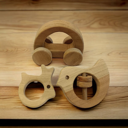 Neem Wooden Wheel Toys, Rattle & Teether Combo For Babies – Wooden Toys on Brown Living™. SKU: WRT_HCR-DV-RBT. Img 2.