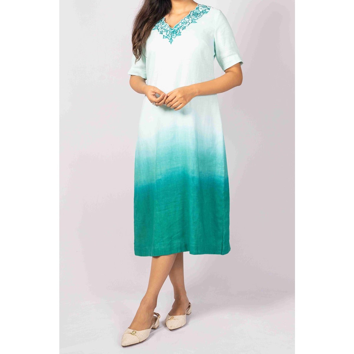 Neerja Teal Ombre Linen Blend Embroidered Dress – Womens Dress on Brown Living™. SKU: HD1006XSN. Img 2.