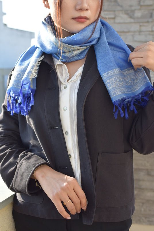 Nila Silk Stole in Banaras Hand Weave | Handwoven Silk Stole – Womens Scarf on Brown Living™. SKU: EKL_03. Img 2.