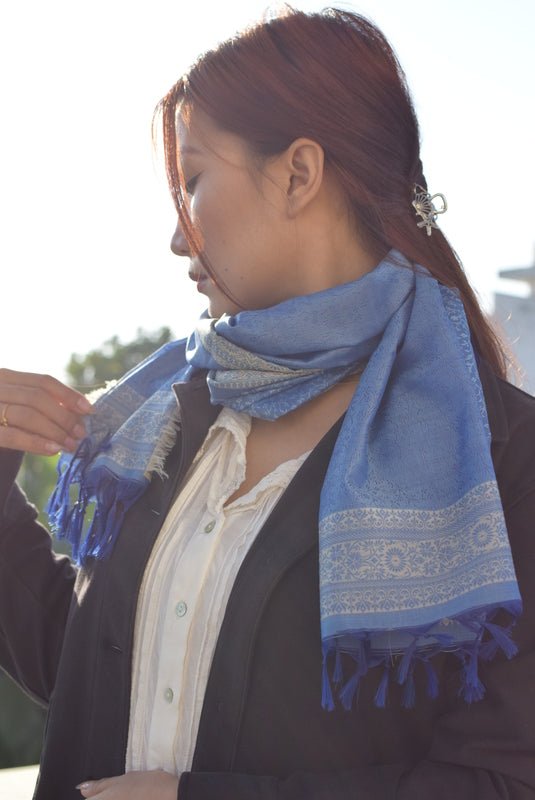 Nila Silk Stole in Banaras Hand Weave | Handwoven Silk Stole – Womens Scarf on Brown Living™. SKU: EKL_03. Img 5.