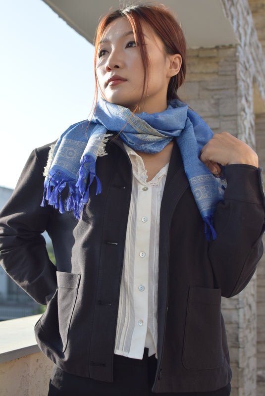 Nila Silk Stole in Banaras Hand Weave | Handwoven Silk Stole – Womens Scarf on Brown Living™. SKU: EKL_03. Img 3.