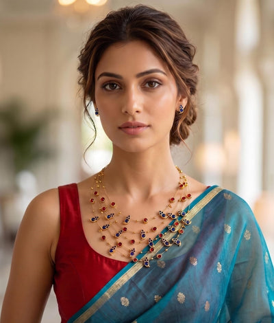 Nilaya Navratna Cascade Necklace | Handcrafted Navratna Necklace – Jewellery on Brown Living™. SKU: SAR1011. Img 1.