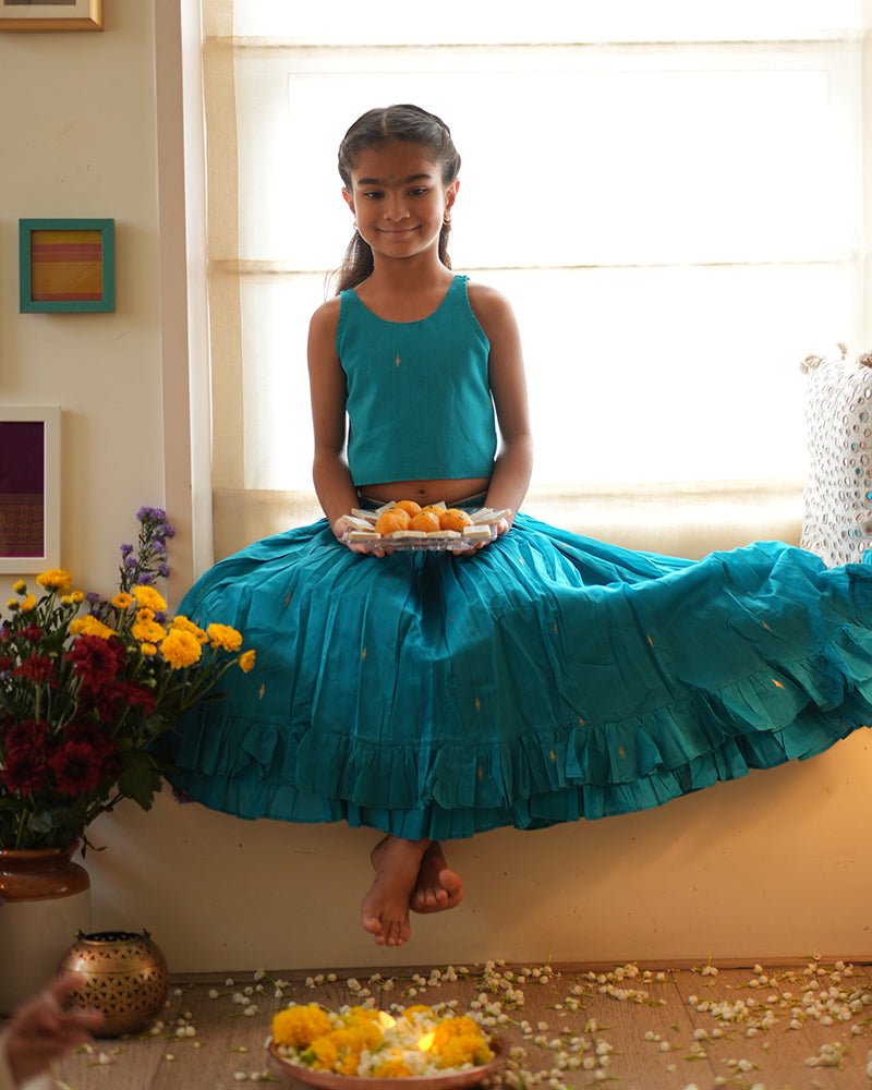 Nilima Teal Lehenga Set – Elegant Ethnic Wear – Kids Ethnic Sets on Brown Living™. SKU: C35G7TL12. Img 3.