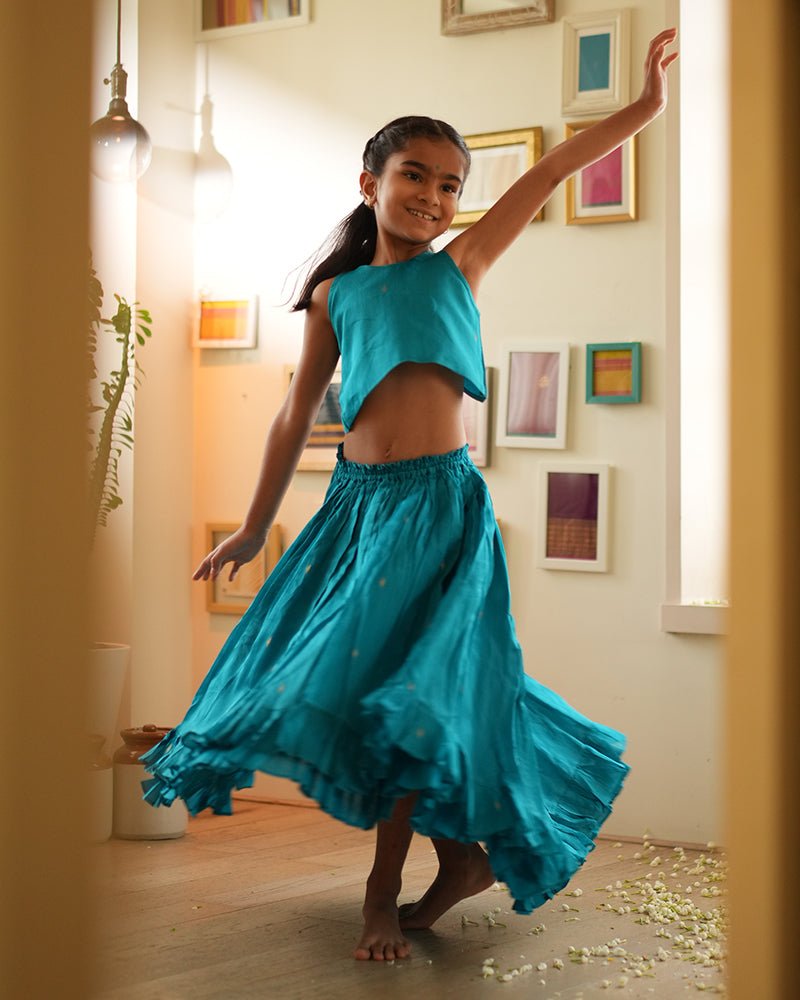 Nilima Teal Lehenga Set – Elegant Ethnic Wear – Kids Ethnic Sets on Brown Living™. SKU: C35G7TL12. Img 1.