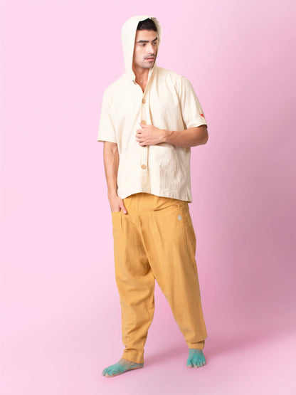 Nomad – Sustainable Cotton Linen Hooded Shirt with Pockets – Men Shirt by Phuhar's available on Brown Living™. Beige Xs. SKU: pH2411. Img 14.