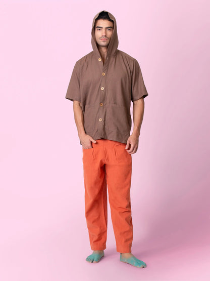 Nomad – Sustainable Cotton Linen Hooded Shirt with Pockets – Men Shirt by Phuhar's available on Brown Living™. Brown Xs. SKU: pH2461. Img 4.