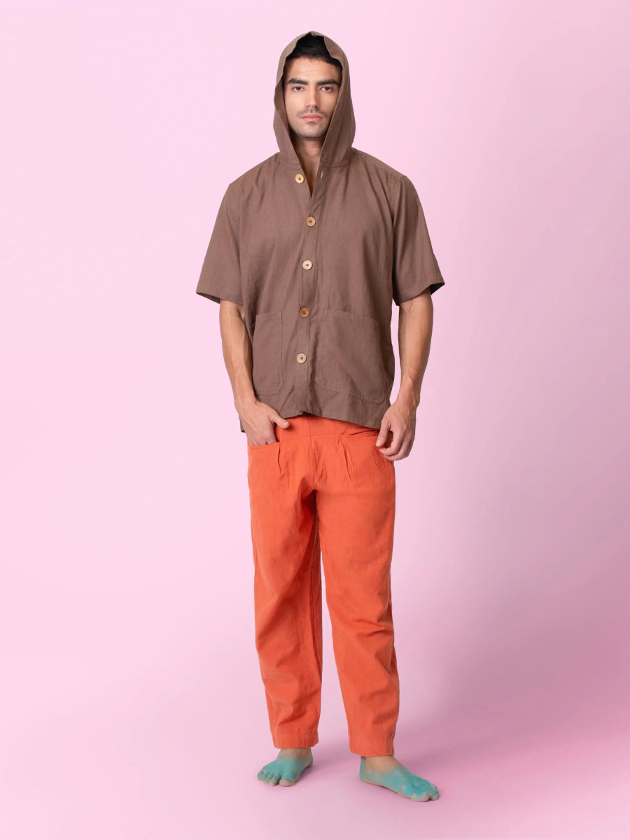 Nomad – Sustainable Cotton Linen Hooded Shirt with Pockets – Men Shirt by Phuhar's available on Brown Living™. Brown Xs. SKU: pH2461. Img 4.