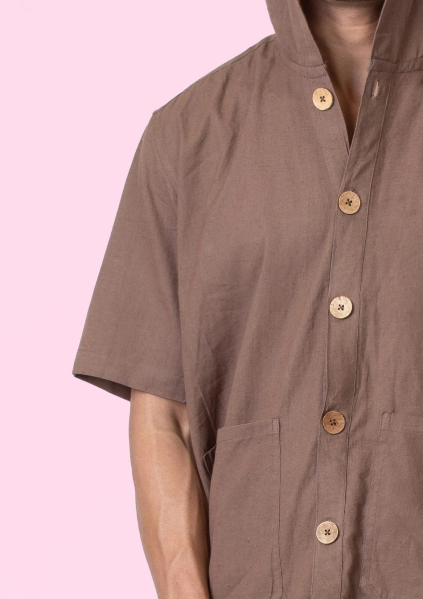 Nomad – Sustainable Cotton Linen Hooded Shirt with Pockets – Men Shirt by Phuhar's available on Brown Living™. Brown Xs. SKU: pH2461. Img 5.