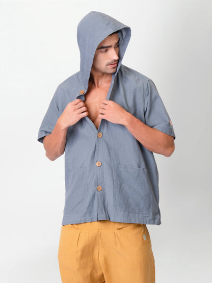 Nomad – Sustainable Cotton Linen Hooded Shirt with Pockets – Men Shirt by Phuhar's available on Brown Living™. Grey Xs. SKU: pH2511. Img 1.
