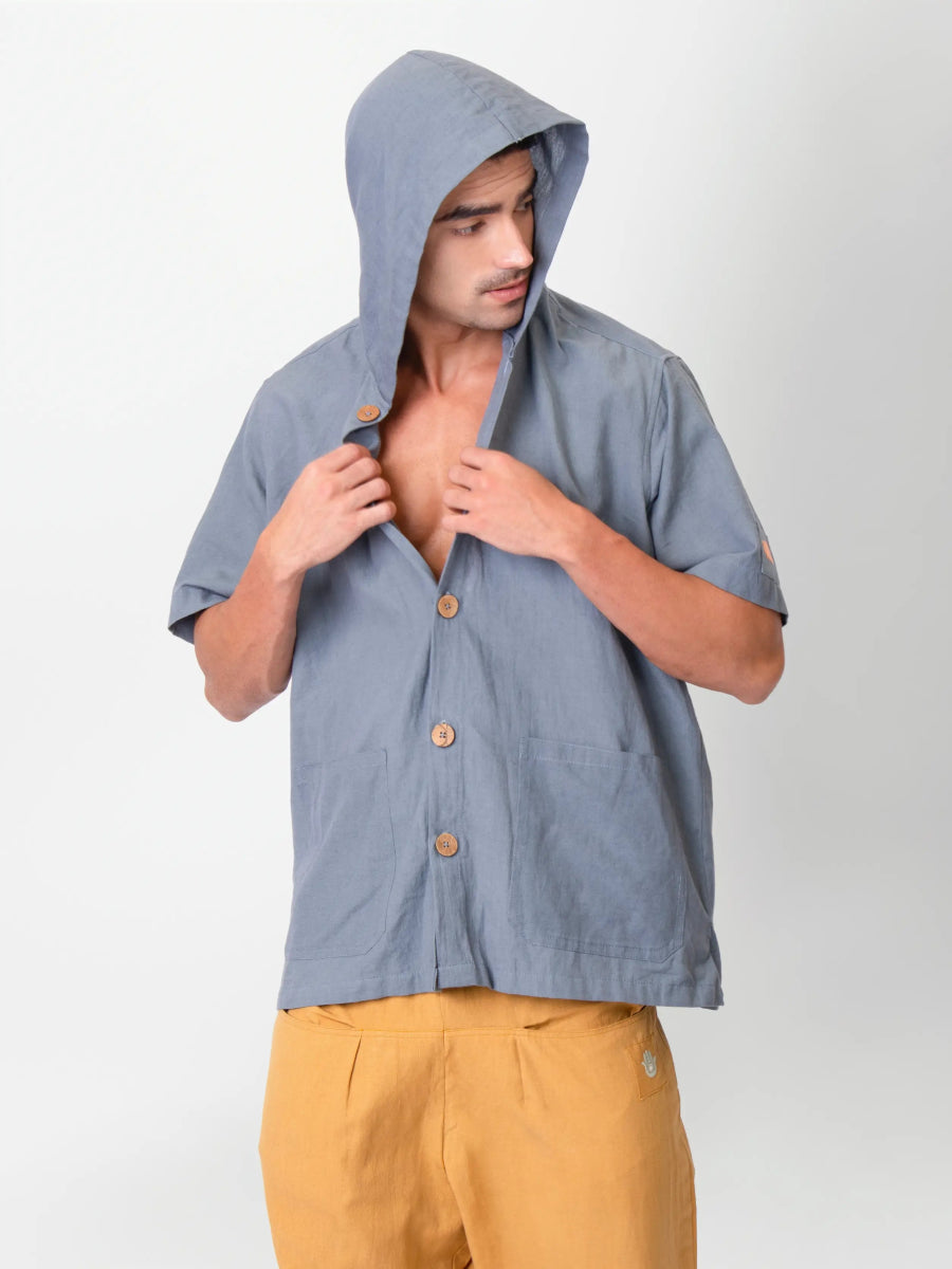 Nomad – Sustainable Cotton Linen Hooded Shirt with Pockets – Men Shirt by Phuhar's available on Brown Living™. Grey Xs. SKU: pH2511. Img 1.