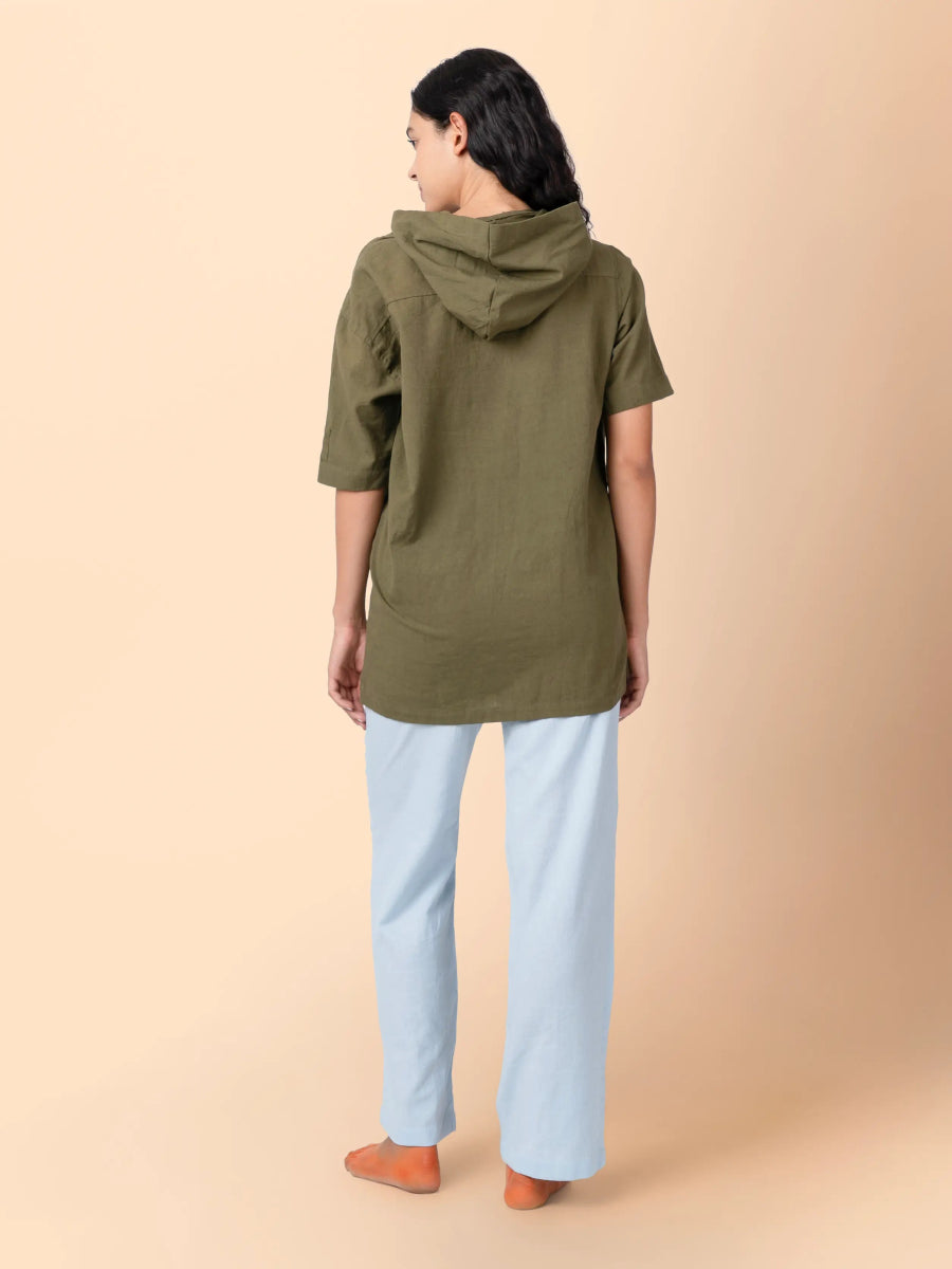 Nomad – Sustainable Cotton Linen Hooded Shirt with Pockets – Men Shirt by Phuhar's available on Brown Living™. Olive Xs. SKU: pH2361. Img 10.
