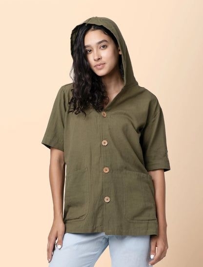Nomad – Sustainable Cotton Linen Hooded Shirt with Pockets – Men Shirt by Phuhar's available on Brown Living™. Olive Xs. SKU: pH2361. Img 8.