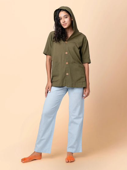 Nomad – Sustainable Cotton Linen Hooded Shirt with Pockets – Men Shirt by Phuhar's available on Brown Living™. Olive Xs. SKU: pH2361. Img 9.