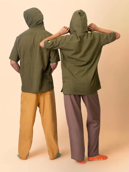 Nomad – Sustainable Cotton Linen Hooded Shirt with Pockets – Men Shirt by Phuhar's available on Brown Living™. Olive Xs. SKU: pH2361. Img 12.