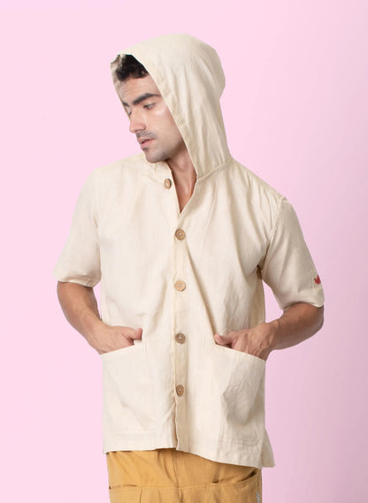 Nomad – Sustainable Cotton Linen Hooded Shirt with Pockets – Men Shirt by Phuhar's available on Brown Living™. Olive Xs. SKU: pH2361. Img 13.