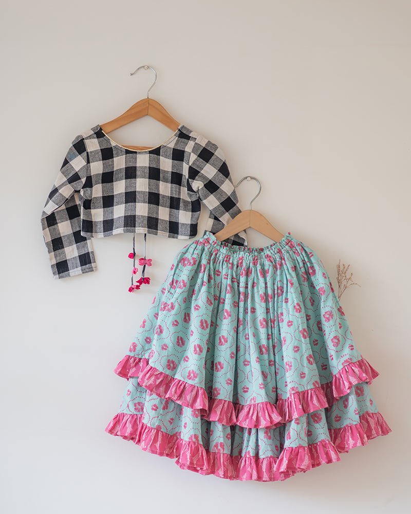Noor Cotton Black White Checks Top With Floral Lehenga Set – Kids Ethnic Sets by Love The World Today available on Brown Living™. 6 - 12 M . SKU: C34G1BBL612. Img 1.