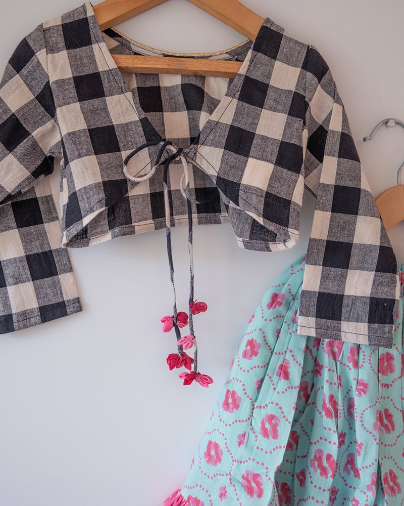 Noor Cotton Black White Checks Top With Floral Lehenga Set – Kids Ethnic Sets by Love The World Today available on Brown Living™. 6 - 12 M . SKU: C34G1BBL612. Img 12.