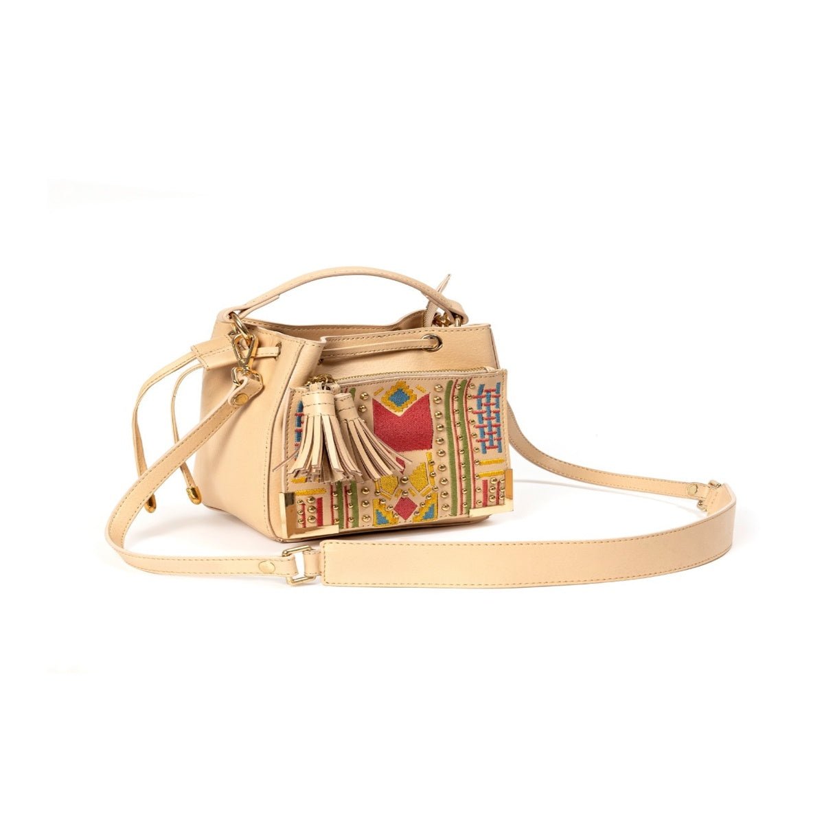 Nora Vegan Leather Embroidered Sling Bag - Almond – Sling Bag on Brown Living™. SKU: SBGH2025 - 3002. Img 4.