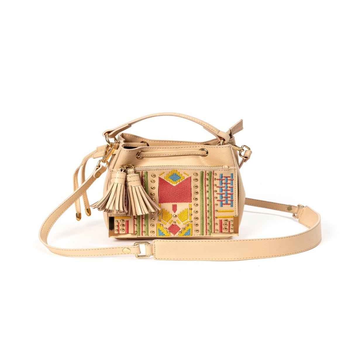 Nora Vegan Leather Embroidered Sling Bag - Almond – Sling Bag on Brown Living™. SKU: SBGH2025 - 3002. Img 1.