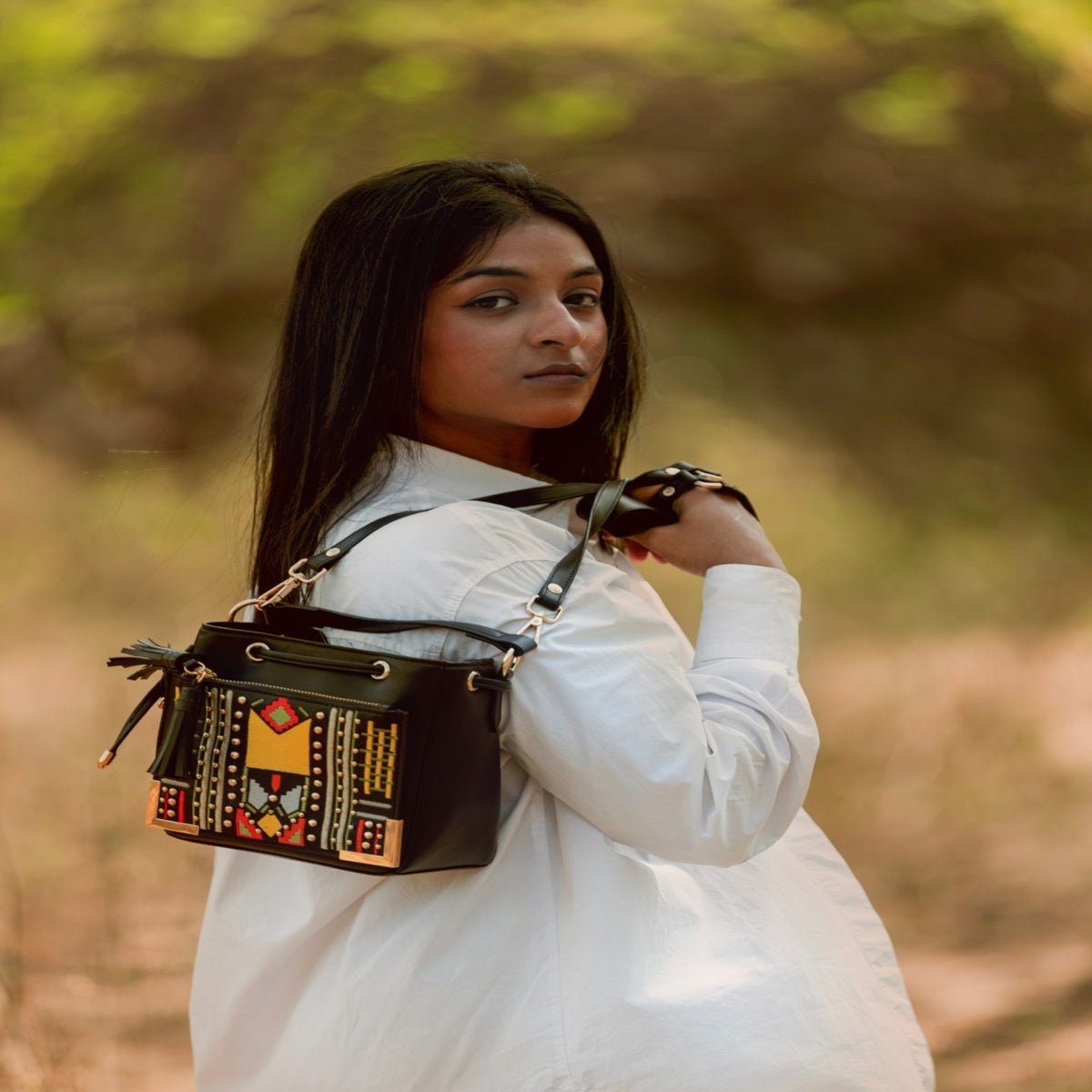 Nora Vegan Leather Embroidered Sling Bag - Black – Sling Bag on Brown Living™. SKU: SBGH2025 - 3001. Img 8.