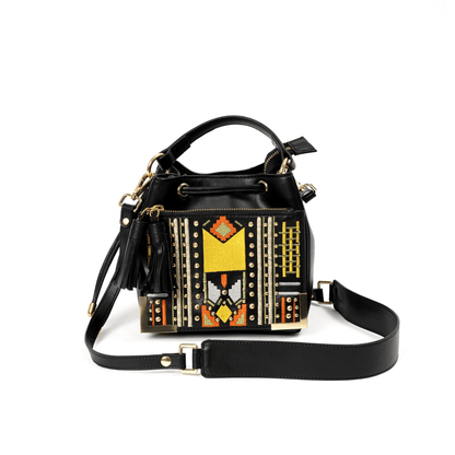 Nora Vegan Leather Embroidered Sling Bag - Black – Sling Bag on Brown Living™. SKU: SBGH2025 - 3001. Img 1.
