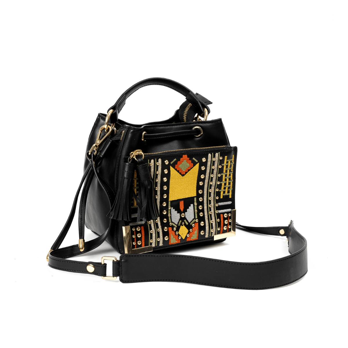 Nora Vegan Leather Embroidered Sling Bag - Black – Sling Bag by Green Hermitage available on Brown Living™. . SKU: SBGH2025 - 3001. Img 2.