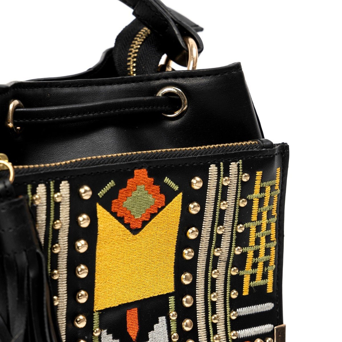 Nora Vegan Leather Embroidered Sling Bag - Black – Sling Bag by Green Hermitage available on Brown Living™. . SKU: SBGH2025 - 3001. Img 4.