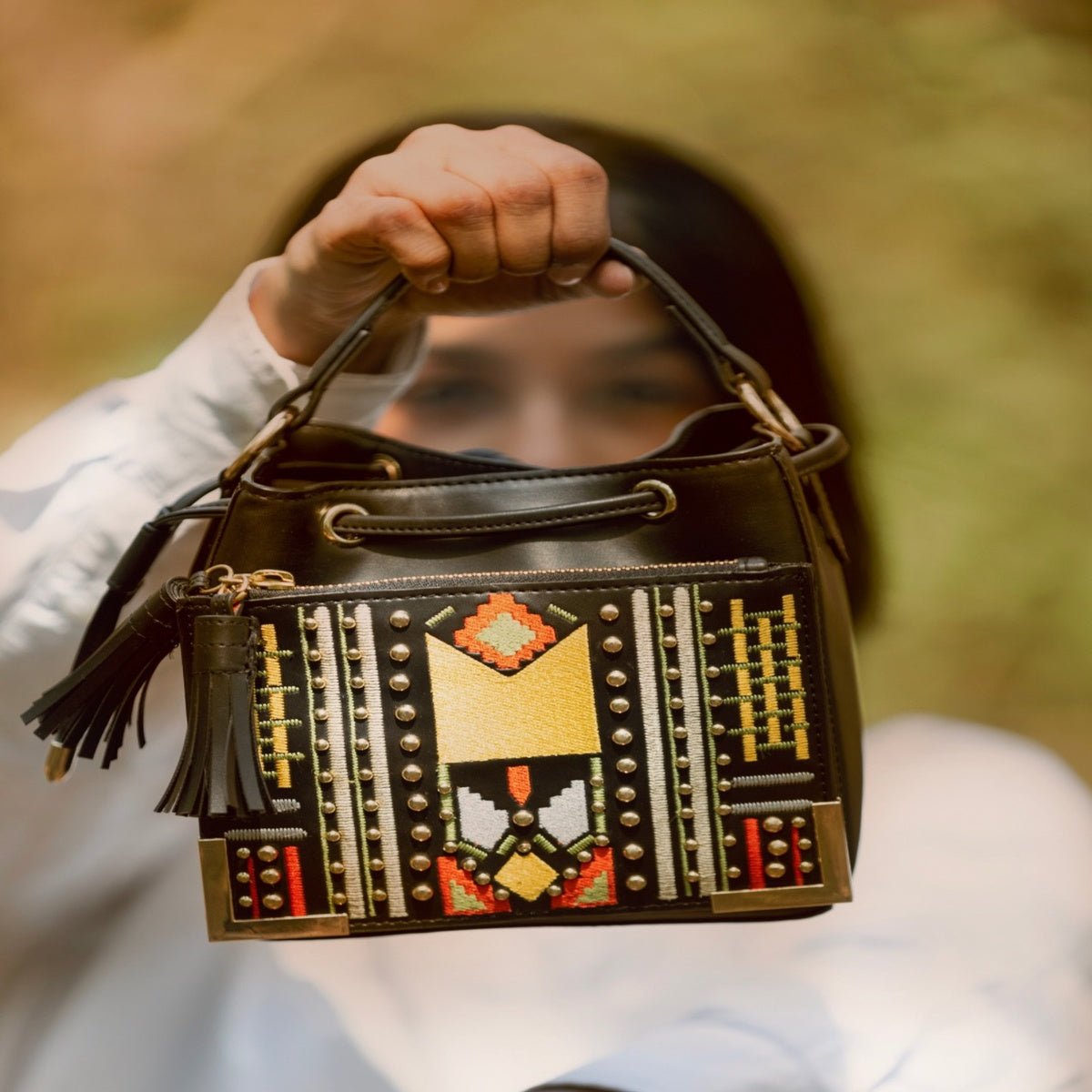Nora Vegan Leather Embroidered Sling Bag - Black – Sling Bag on Brown Living™. SKU: SBGH2025 - 3001. Img 5.