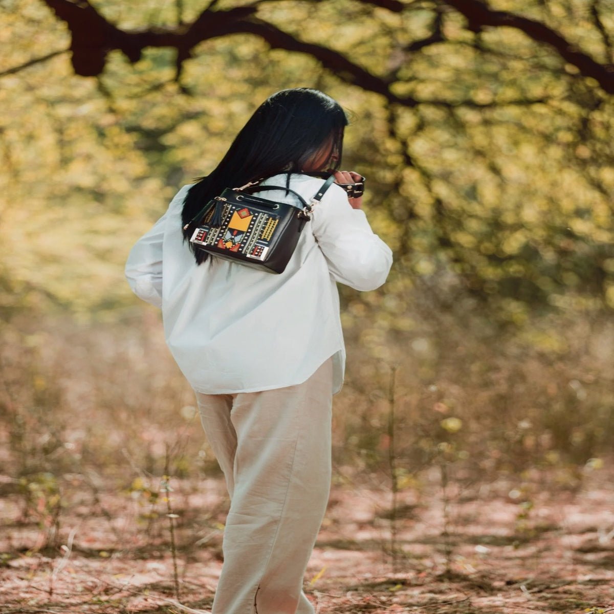 Nora Vegan Leather Embroidered Sling Bag - Black – Sling Bag on Brown Living™. SKU: SBGH2025 - 3001. Img 9.
